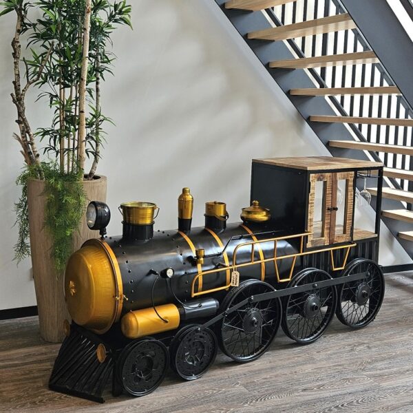 ijzeren trein bar met mango hout in zwart goud