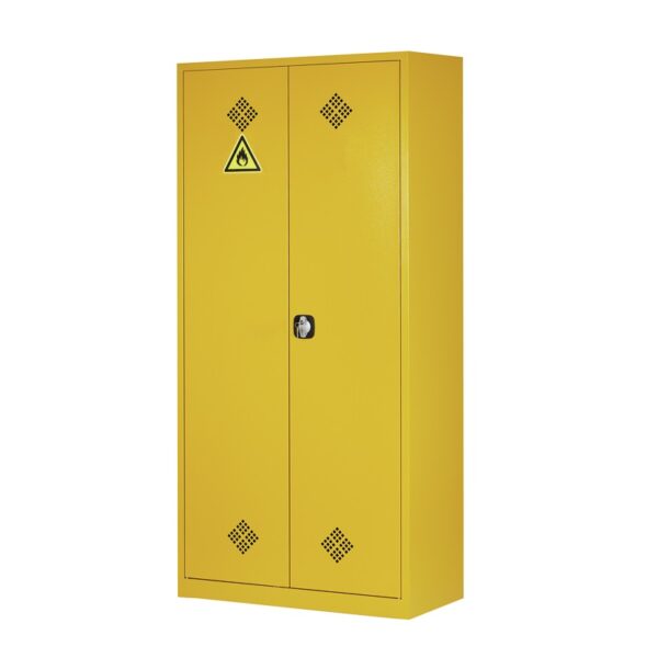 Veiligheidskast afsluitbaar 195 cm hoog geel met legborden en ontluchting