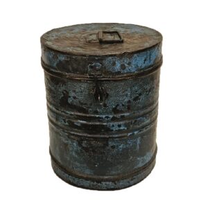 vintage blauwe opbergton van metaal met handvaten