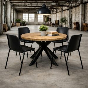 Ronde mangohouten eetkamertafel met een matrix onderstel.