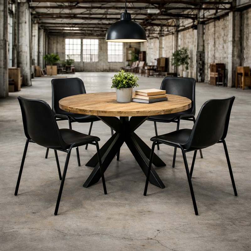 Ronde mangohouten eetkamertafel met een matrix onderstel.