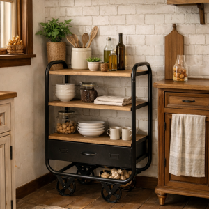 Keukenkar van staal en mangohout.