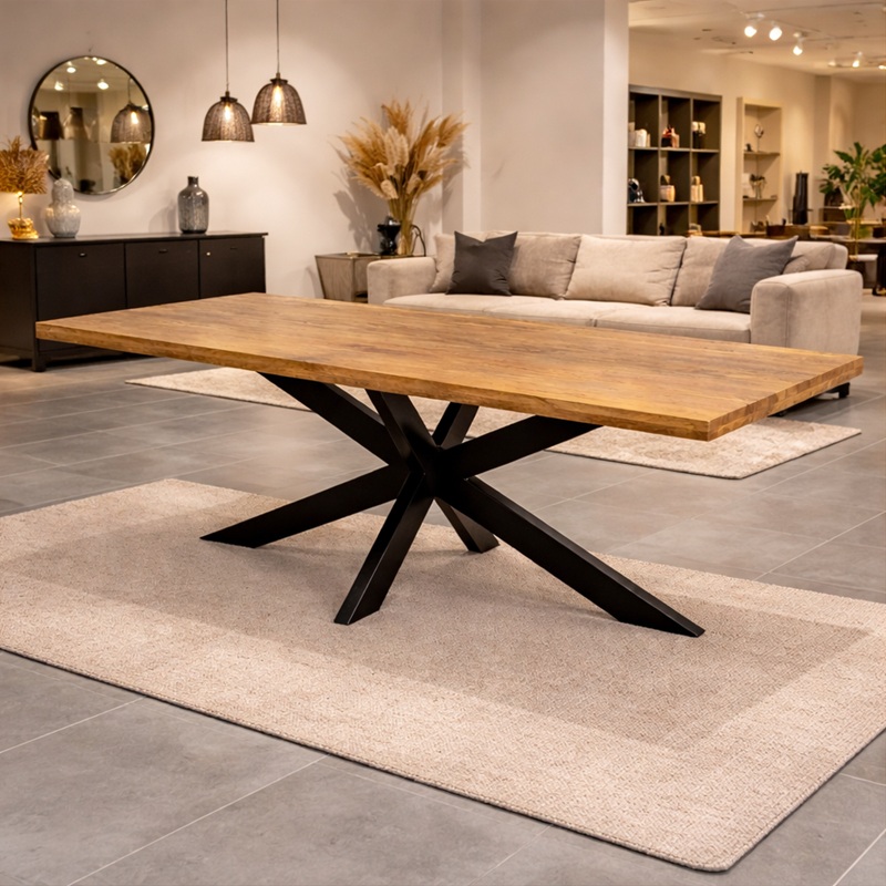 Mangohouten eetkamertafel met matrix onderstel in de afmeting 200x100 cm.