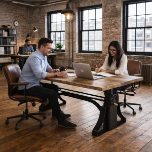 Vintage in hoogte verstelbaar bureau van gietijzer.