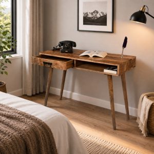 Houten bureau van mangohout met 4 poten en een lade.