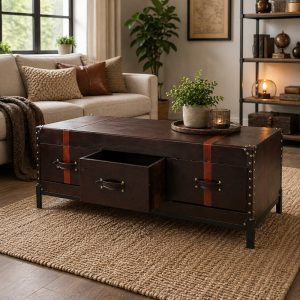 Salontafel van leer met lades.