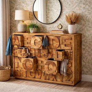 Dressoir van mangohout en met 26 laden van letters.