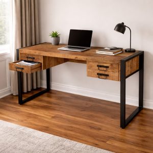 Bureau van mangohout en staal met 4 laden.