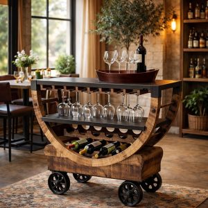 Wijnkar van mangohout en staal.