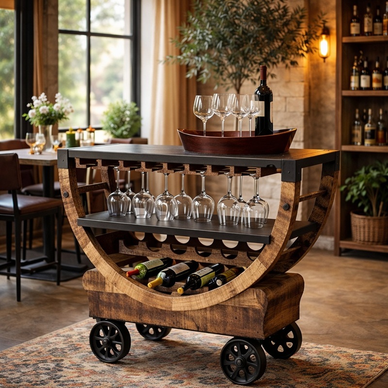 Verrijdbare wijnkar van mangohout en staal met veel opbergruimte voor wijnflessen en wijnglazen.