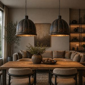 Stalen hanglamp in antieke uitvoering compleet met fitting.