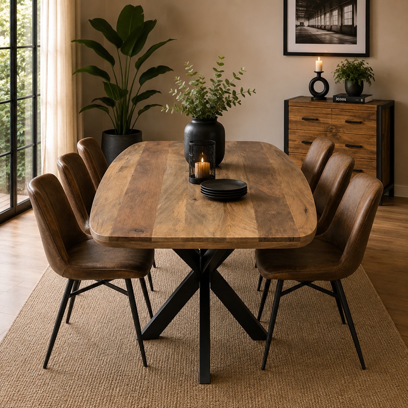 Mangohouten tafel met afgeronde ovalen kanten met spider onderstel in zwart.