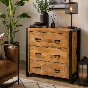 Elegant en tijdloos dressoir met 3 laden en stalen zwarte handgrepen.