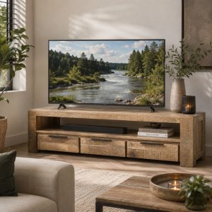 TV meubel volledig gemaakt van mangohout uitgevoerd met 3 lades met handgrepen.
