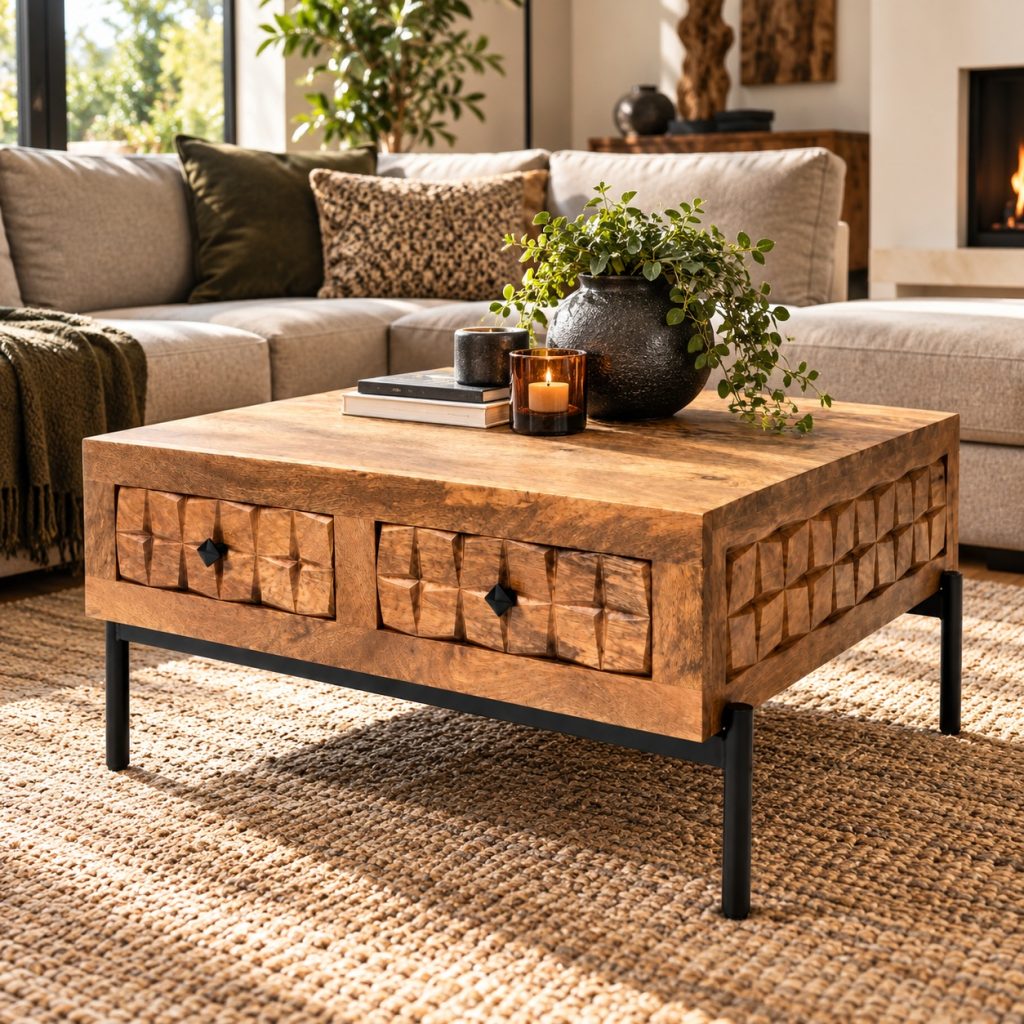 Houten salontafel in het vierkant van mangohout.
